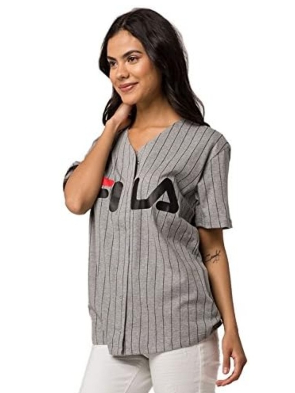 FILA Vintage Lacey Baseball Tee Women's Grey Pinstripe Large